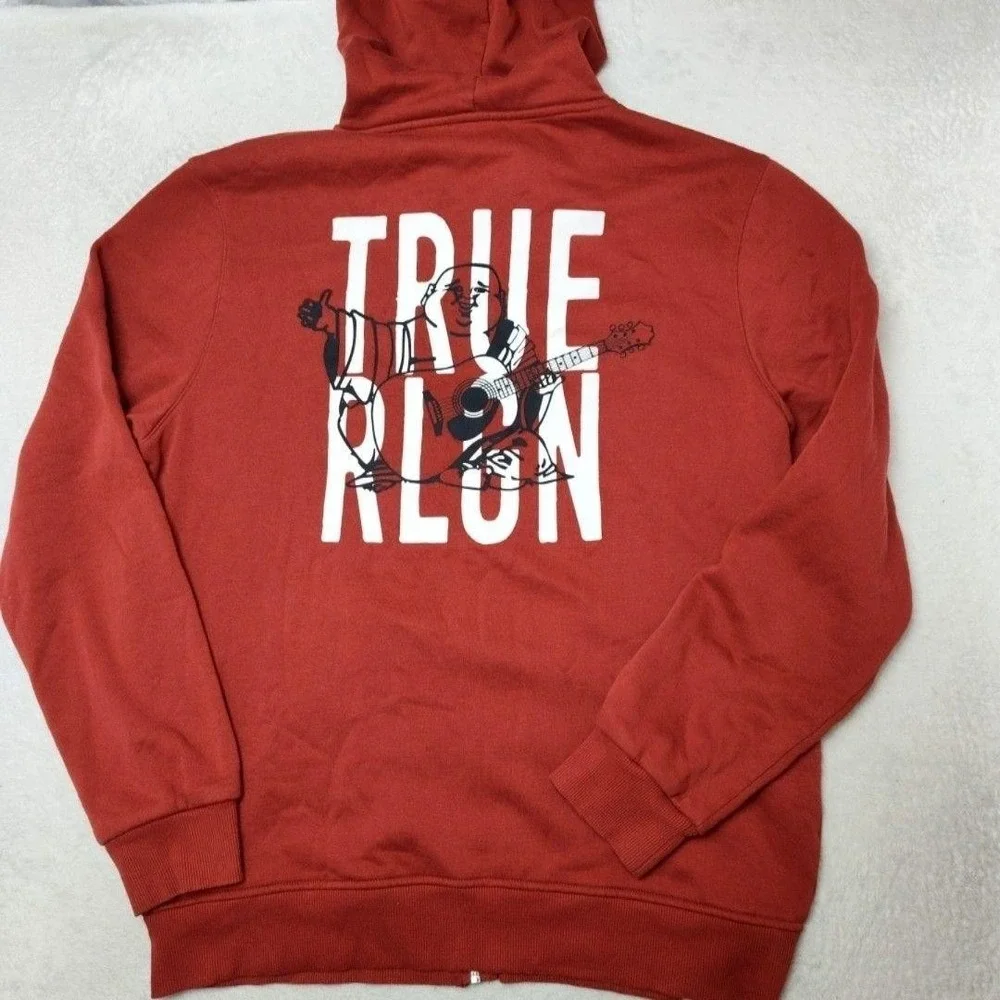 True Religion Hoodie Mens L Red Full Zip Hooded Graphic Fleece Buddha Back